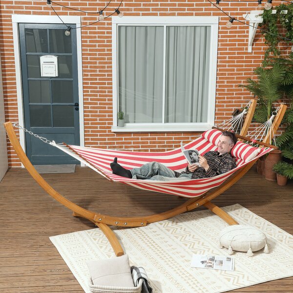 Outsunny Amaca con Supporto in legno, Cuscino Poggiatesta e Letto in Cotone, 310x118x120 cm, Rosso e Bianca | Aosom Italy