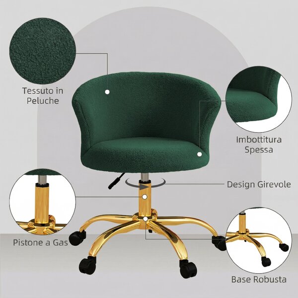 Vinsetto Sedia da Ufficio Girevole in Velluto Teddy, Struttura Acciaio, Altezza Regolabile, Portata 120kg, Verde Scuro | Aosom Italy