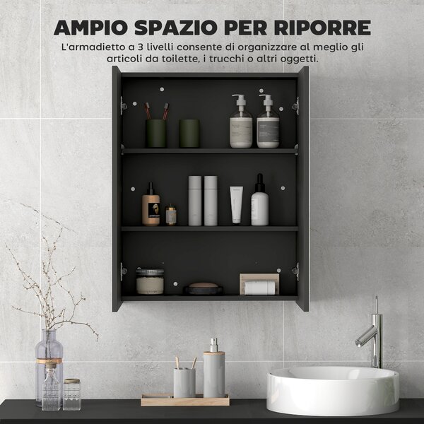 HOMCOM Armadietto Pensile Bagno 2 Ante con Specchiera e 2 Ripiani Interni in MDF, 60x15x75 cm, Nero | Aosom Italy
