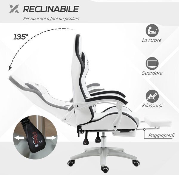 Vinsetto Sedia da Gaming con Altezza Regolabile e Schienale Reclinabile, 65x65x121-129 cm, Bianco e Nero | Aosom Italy