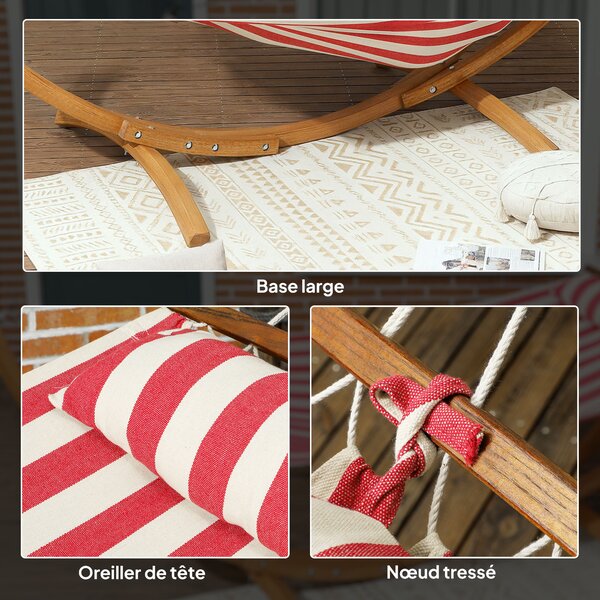 Outsunny Amaca con Supporto in legno, Cuscino Poggiatesta e Letto in Cotone, 310x118x120 cm, Rosso e Bianca | Aosom Italy