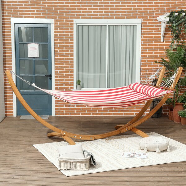 Outsunny Amaca con Supporto in legno, Cuscino Poggiatesta e Letto in Cotone, 310x118x120 cm, Rosso e Bianca | Aosom Italy