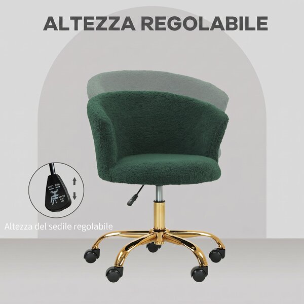Vinsetto Sedia da Ufficio Girevole in Velluto Teddy, Struttura Acciaio, Altezza Regolabile, Portata 120kg, Verde Scuro | Aosom Italy
