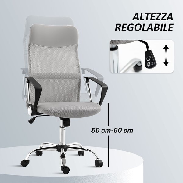 HOMCOM Sedia Ergonomica da Ufficio Girevole, Altezza Regolabile e Schienale a Rete, 63x65x109-119 cm, Grigio Chiaro | Aosom Italy