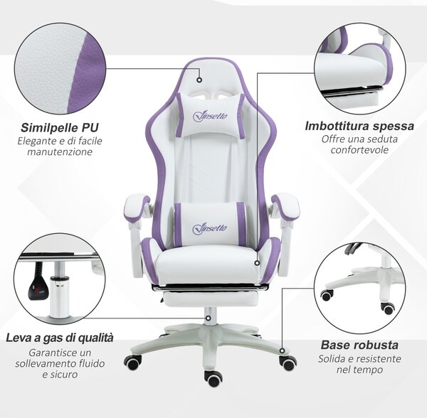 Vinsetto Sedia da Gaming con Altezza Regolabile e Schienale Reclinabile, 65x65x121-129 cm, Bianco e Viola | Aosom Italy