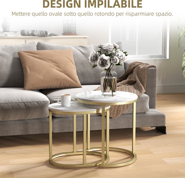HOMCOM Set 2 Tavolini da Caffè con Piano Effetto Marmo, in Legno e Acciaio, Ø50x50.5 cm e 60x36x43.5 cm, Bianco | Aosom Italy