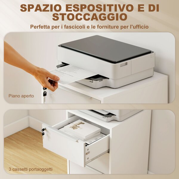 HOMCOM Schedario per Ufficio a 3 Cassetti con Chiavi di Sicurezza e 4 Ruote, in Legno, 40x40x63.5 cm, Bianco e Grigio | Aosom Italy