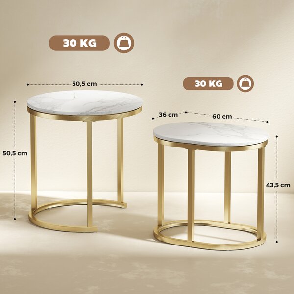 HOMCOM Set 2 Tavolini da Caffè con Piano Effetto Marmo, in Legno e Acciaio, Ø50x50.5 cm e 60x36x43.5 cm, Bianco | Aosom Italy