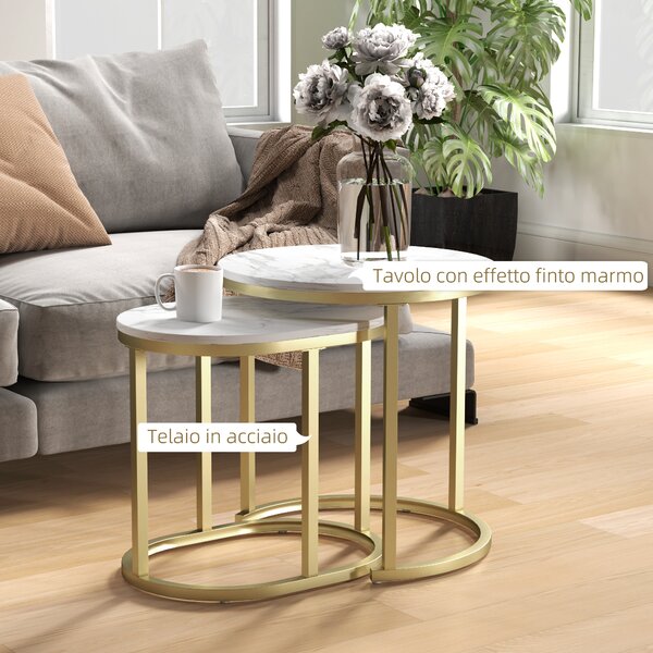 HOMCOM Set 2 Tavolini da Caffè con Piano Effetto Marmo, in Legno e Acciaio, Ø50x50.5 cm e 60x36x43.5 cm, Bianco | Aosom Italy