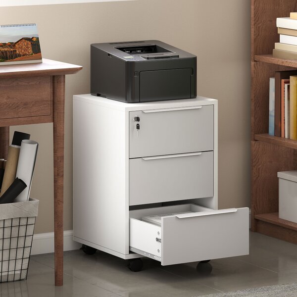 HOMCOM Schedario per Ufficio a 3 Cassetti con Chiavi di Sicurezza e 4 Ruote, in Legno, 40x40x63.5 cm, Bianco e Grigio | Aosom Italy