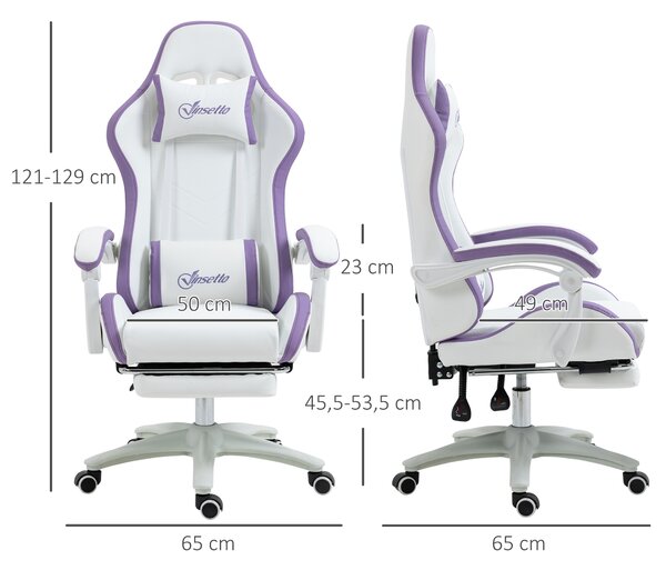 Vinsetto Sedia da Gaming con Altezza Regolabile e Schienale Reclinabile, 65x65x121-129 cm, Bianco e Viola | Aosom Italy