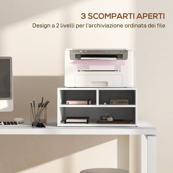 HOMCOM Mobile Porta Stampante da Ufficio con 3 Ripiani Aperti a 2 Livelli, 47x40x22.5 cm, Bianco | Aosom Italy