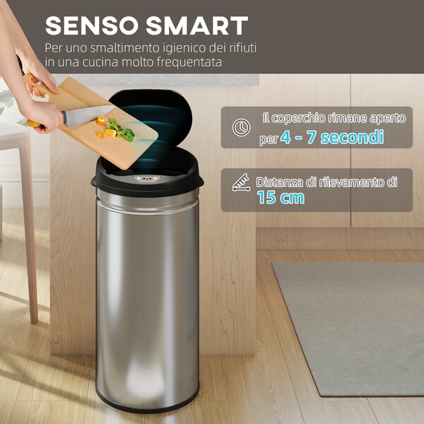 HOMCOM Cestino Spazzatura da 42L con Sensore di Movimento e Apertura Automatica, 30.5x30.5x68 cm, Nero e Argento | Aosom Italy