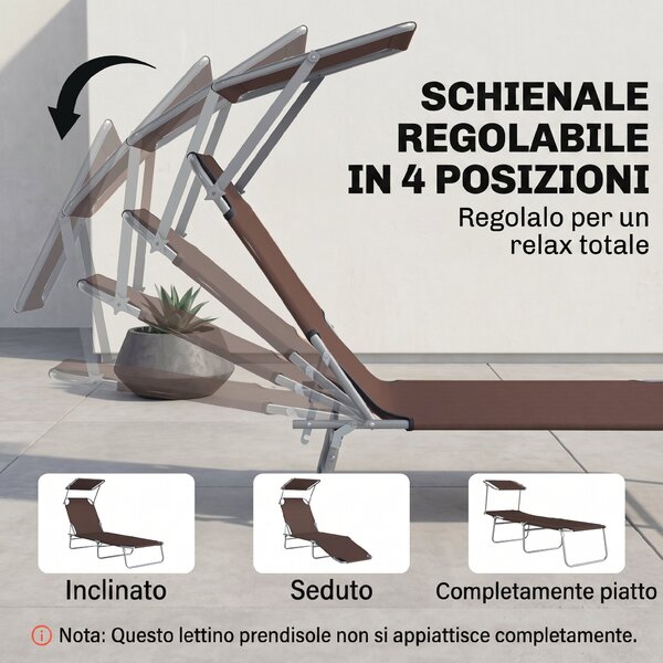 Outsunny Sdraio Lettino da Giardino Pieghevole e Regolabile con Tettuccio in Tessuto, 187x58x36cm, Marrone | Aosom Italy