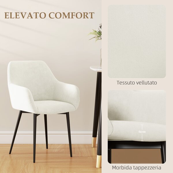HOMCOM Set 2 Sedie Moderne Nordiche Imbottite con Braccioli Ricurvi per Soggiorno e Sala da Pranzo in Tessuto Effetto Velluto, Crema | Aosom Italy