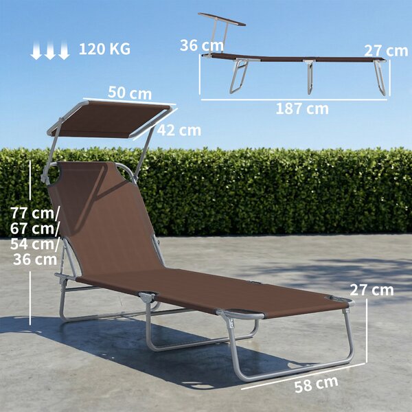 Outsunny Sdraio Lettino da Giardino Pieghevole e Regolabile con Tettuccio in Tessuto, 187x58x36cm, Marrone | Aosom Italy