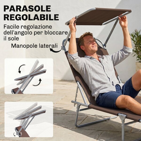 Outsunny Sdraio Lettino da Giardino Pieghevole e Regolabile con Tettuccio in Tessuto, 187x58x36cm, Marrone | Aosom Italy