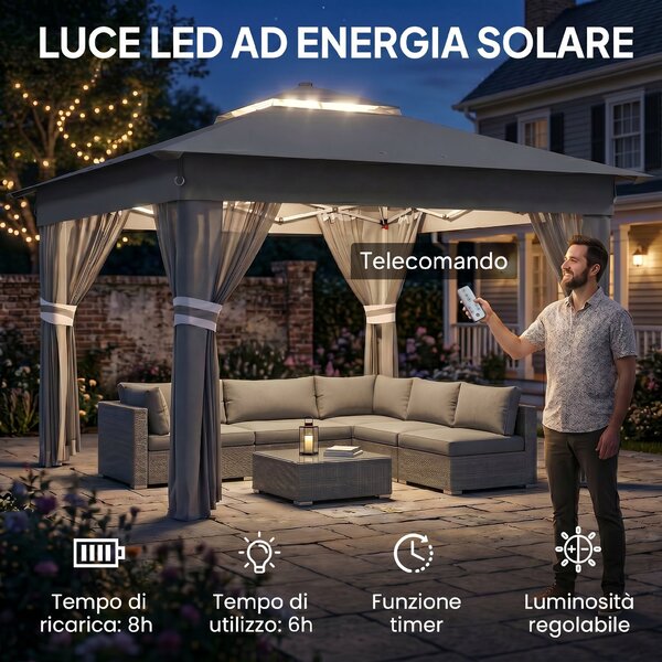 Outsunny Gazebo da Giardino ad Altezza Regolabile con Luci LED, in Acciaio e tessuto Oxford, 336x336x250-270 cm, Grigio|Aosom