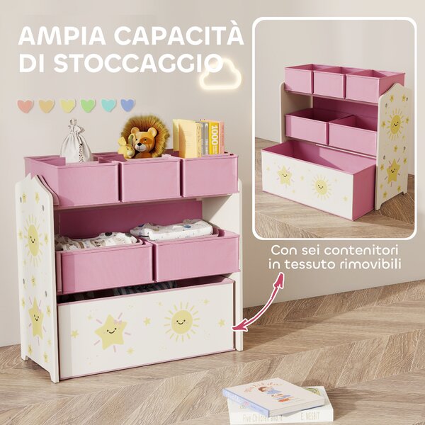 AIYAPLAY Scaffale Portagiochi Bambini a 3 Livelli con 6 Contenitori in Tessuto Rimovibili, Mobile Porta Giocattoli per Camera da Letto, Soggiorno e Camera dei Giochi, Rosa | Aosom Italy