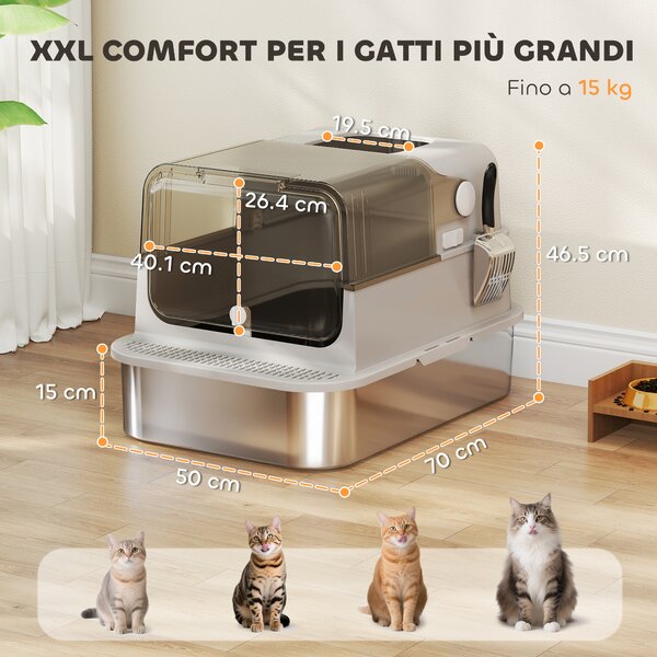 PawHut Lettiera per Gatti Chiusa XXL in Acciaio Inox, Coperchio Apribile a 90° e Doppie Porte, 70x50x46.5 cm, Grigio | Aosom Italy
