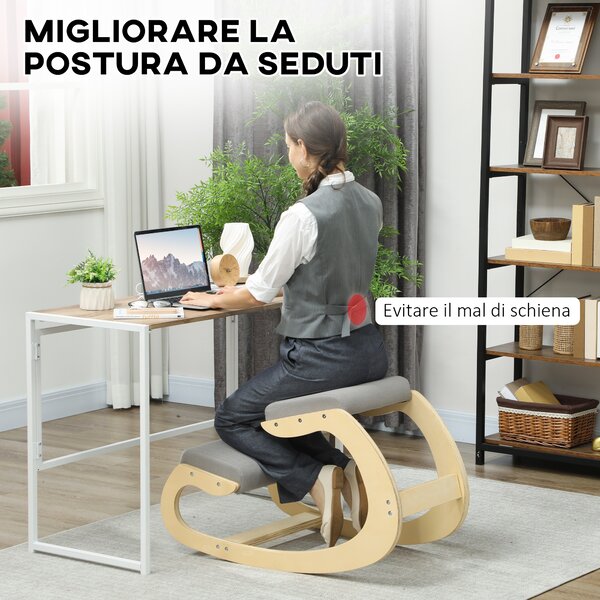 HOMCOM Sedia Ergonomica con Inginocchiatoio e Reclinabile, in Tessuto Effetto Lino e Legno, 55x85x55 cm, Grigio Chiaro | Aosom Italy
