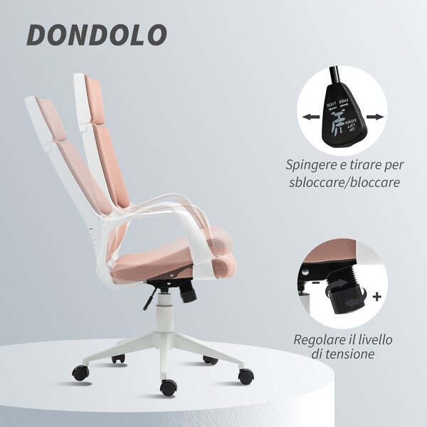 HOMCOM Sedia da Ufficio in Tessuto con Dondolo, Altezza Regolabile e Seduta Girevole, 63x63x117-127 cm, Rosa | Aosom Italy