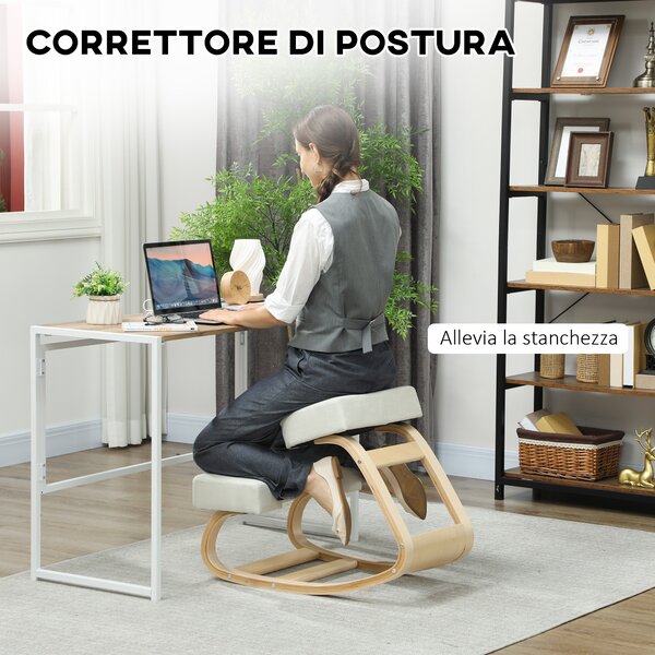 Vinsetto Sedia Ergonomica con Inginocchiatoio in Legno di Betulla e Cuscino, 51x69x58 cm, Crema | Aosom Italy