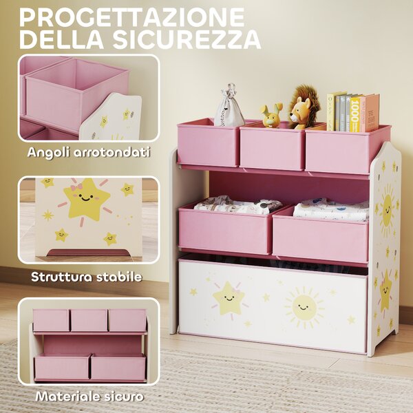 AIYAPLAY Scaffale Portagiochi Bambini a 3 Livelli con 6 Contenitori in Tessuto Rimovibili, Mobile Porta Giocattoli per Camera da Letto, Soggiorno e Camera dei Giochi, Rosa | Aosom Italy