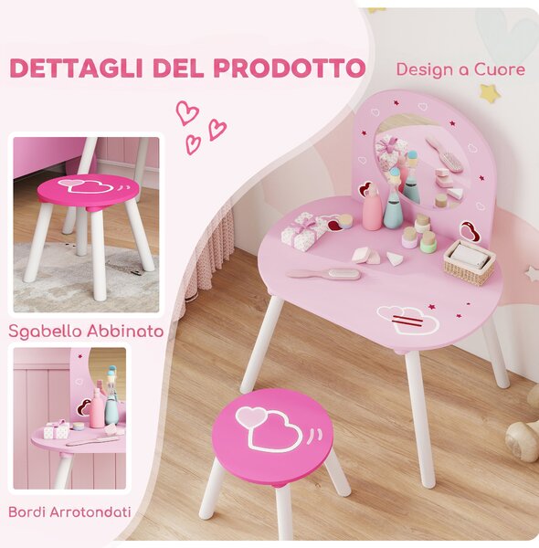 AIYAPLAY Set Toeletta Trucco Bambina 3-6 Anni con Sgabello, Specchio Infrangibile, Design con Cuori, Rosa | Aosom Italy