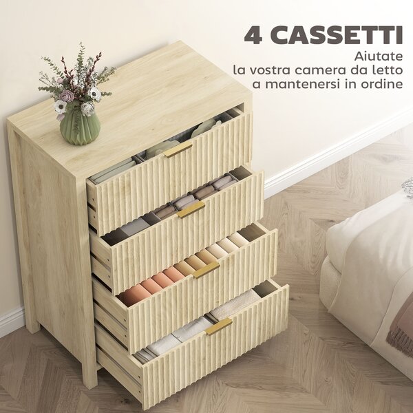 HOMCOM Cassettiera con 4 Cassetti Scanalati e Maniglie Dorate, 70x38x93 cm, Legno Naturale | Aosom Italy