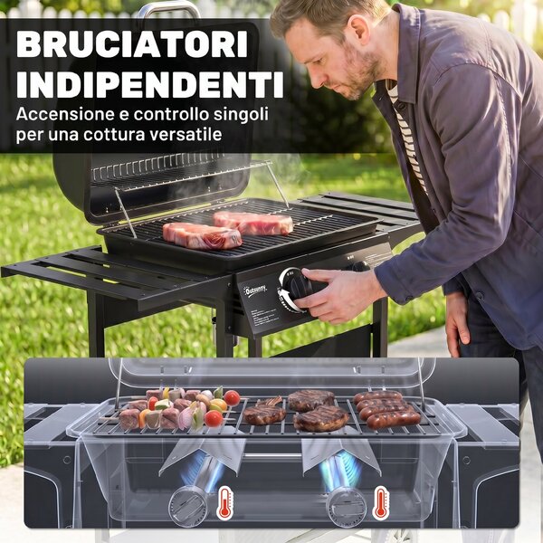 Outsunny Barbecue Gas, 2 Bruciatori, Tavolini Laterali, Vassoio Raccogli Grassi, Nero. | Aosom Italy