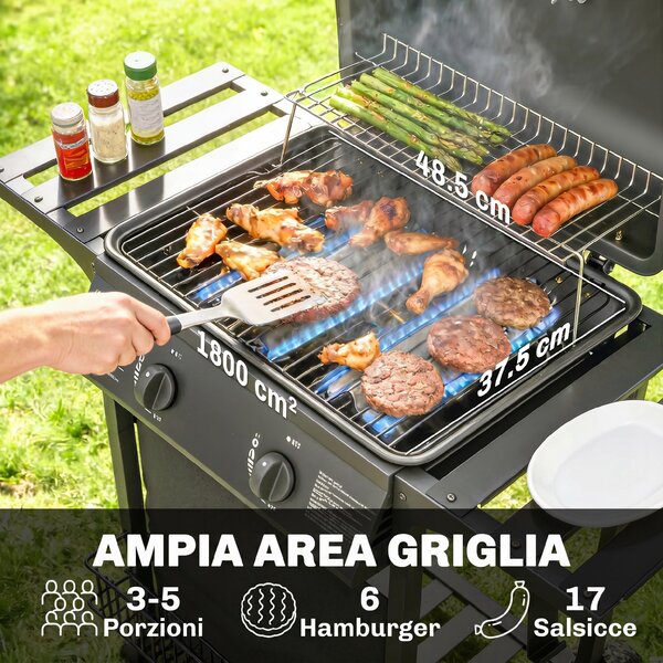 Outsunny Barbecue Gas, 2 Bruciatori, Tavolini Laterali, Vassoio Raccogli Grassi, Nero. | Aosom Italy