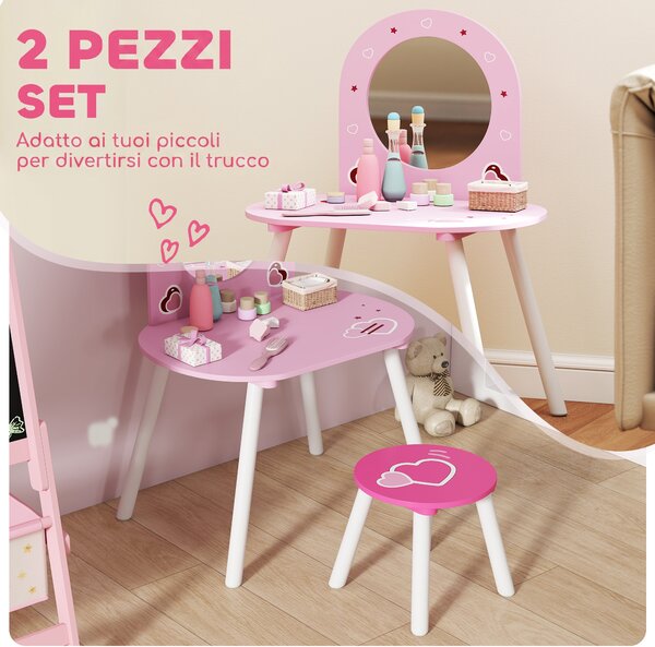 AIYAPLAY Set Toeletta Trucco Bambina 3-6 Anni con Sgabello, Specchio Infrangibile, Design con Cuori, Rosa | Aosom Italy