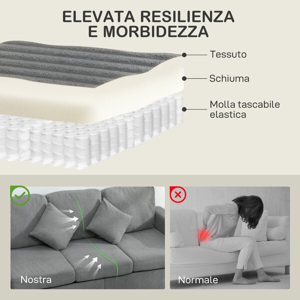 HOMCOM Divano a 3 Posti con 2 Cassetti e Pouf, Contenitore in Velluto a Coste, 196x139x85 cm, Grigio Chiaro | Aosom Italy