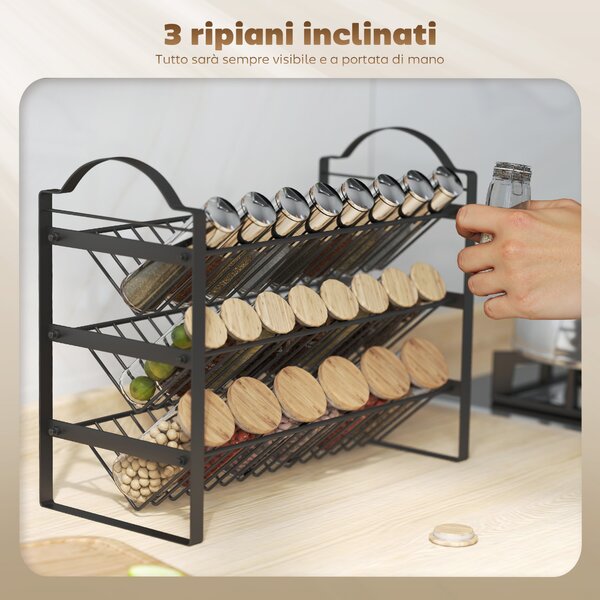 HOMCOM Portaspezie da Cucina a 3 Livelli, Organizer Salvaspazio con Ripiani Inclinati in Metallo, Nero | Aosom Italy