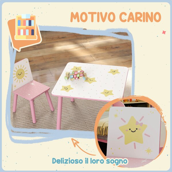 AIYAPLAY Set Arredo Cameretta con Tavolo e 2 Sedie, Altezza Adatta per Bambini da 3-8 Anni con Fantasia a Stelle, Rosa | Aosom Italy