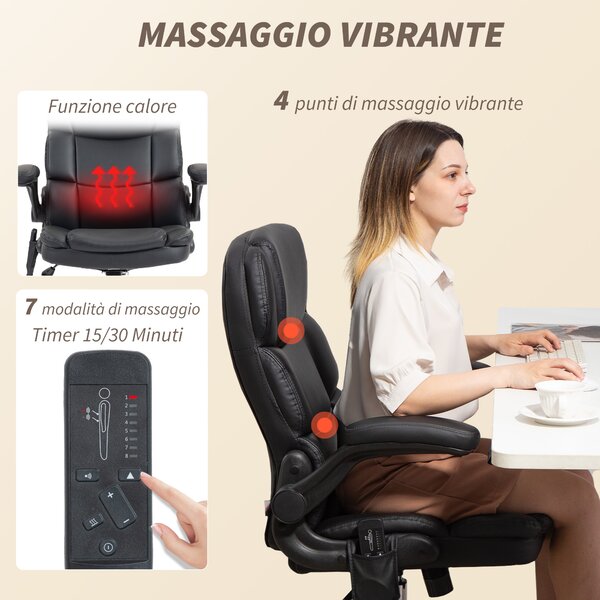 HOMCOM Poltrona da Ufficio Massaggiante a 4 Punti con Riscaldamento e Braccioli Ribaltabili, Nero | Aosom Italy