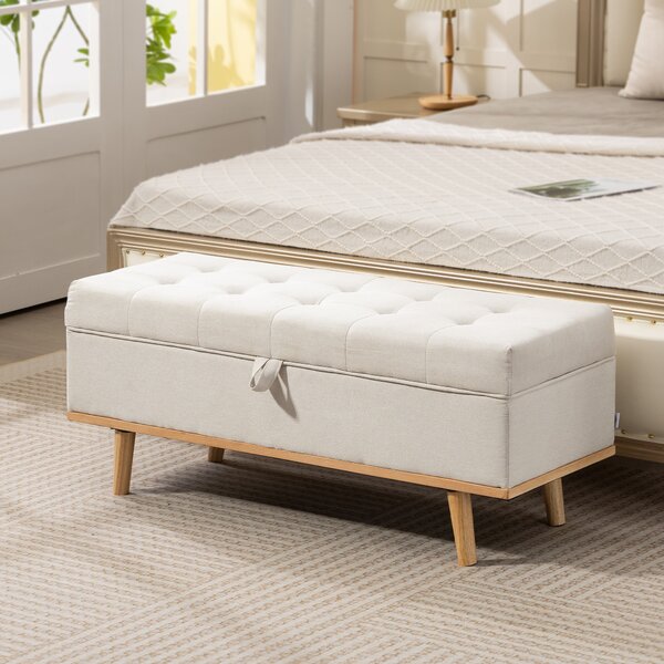 HOMCOM Panca Contenitore da 80L Imbottita con Rivestimento in Tessuto e Gambe in Legno, 118x42x45 cm, Crema | Aosom Italy