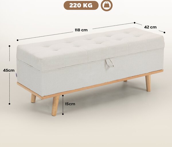 HOMCOM Panca Contenitore da 80L Imbottita con Rivestimento in Tessuto e Gambe in Legno, 118x42x45 cm, Crema | Aosom Italy