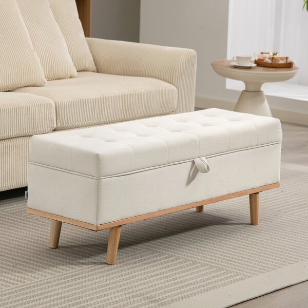 HOMCOM Panca Contenitore da 80L Imbottita con Rivestimento in Tessuto e Gambe in Legno, 118x42x45 cm, Crema | Aosom Italy