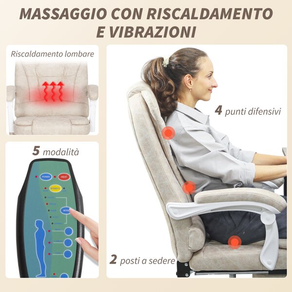 Vinsetto Sedia da Ufficio Massaggiante in Tessuto Effetto Pelle Traspirante con Telecomando e Altezza Regolabile, Crema | Aosom Italy