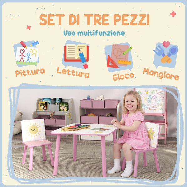 AIYAPLAY Set Arredo Cameretta con Tavolo e 2 Sedie, Altezza Adatta per Bambini da 3-8 Anni con Fantasia a Stelle, Rosa | Aosom Italy