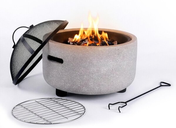 Braciere Relaxdays, Ø braciere 44 cm, parascintille, attizzatoio, effetto pietra, acciaio, braciere da giardino, grigio/nero