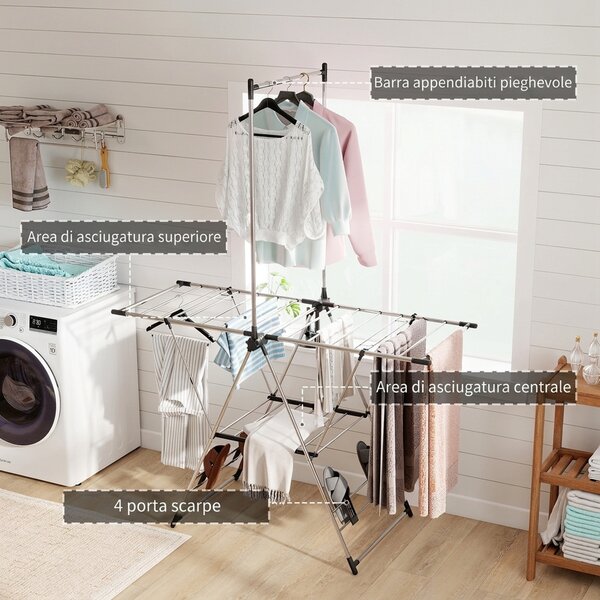 HOMCOM Stendibiancheria da Pavimento Pieghevole con Ali Regolabili a 5 Livelli, 139x62.5x201 cm, Argento | Aosom Italy