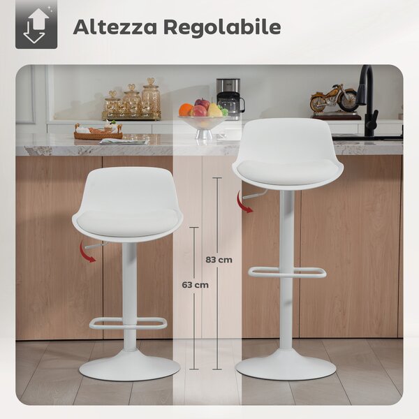 HOMCOM Set 2 Sgabelli da Bar con Schienale, Altezza Regolabile, Seduta Girevole in Pelle PU e Poggiapiedi, Bianco | Aosom Italy