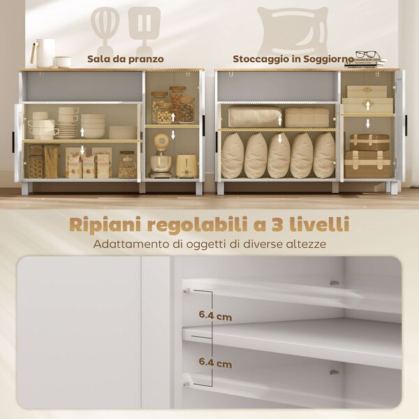 HOMCOM Credenza Cucina con Ante Ammortizzate, 2 Armadietti e Vano Aperto in Legno, 110x33x75 cm, Bianco | Aosom Italy