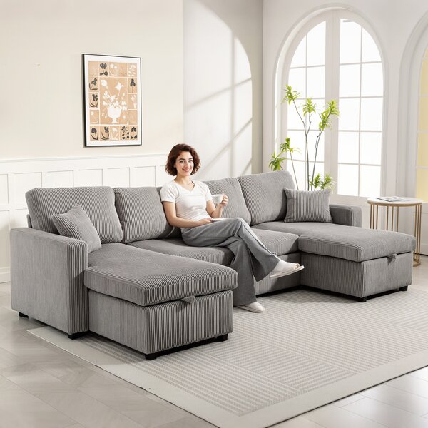 HOMCOM Divano Letto Moderno a U con 2 Chaise Longue e Vani Contenitore, Velluto a Coste, 282x140x86 cm, Grigio | Aosom Italy