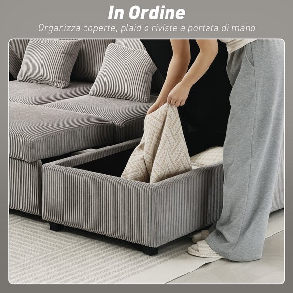 HOMCOM Divano Letto Moderno a U con 2 Chaise Longue e Vani Contenitore, Velluto a Coste, 282x140x86 cm, Grigio | Aosom Italy