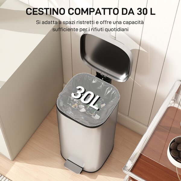 HOMCOM Pattumiera a Pedale da 30L con Secchio Rimovibile, in Metallo e PP, 29x36x59.5 cm, Argento | Aosom Italy