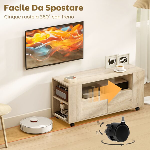 HOMCOM Mobile Porta TV da 42" con Ruote Girevoli e Freno, Ripiani Regolabili e Cassetti, 102x34.5x48.5 cm, Legno | Aosom Italy